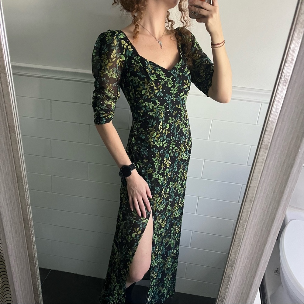 Miami Long Dress with Slit & Sheer Bottom - Black & Green